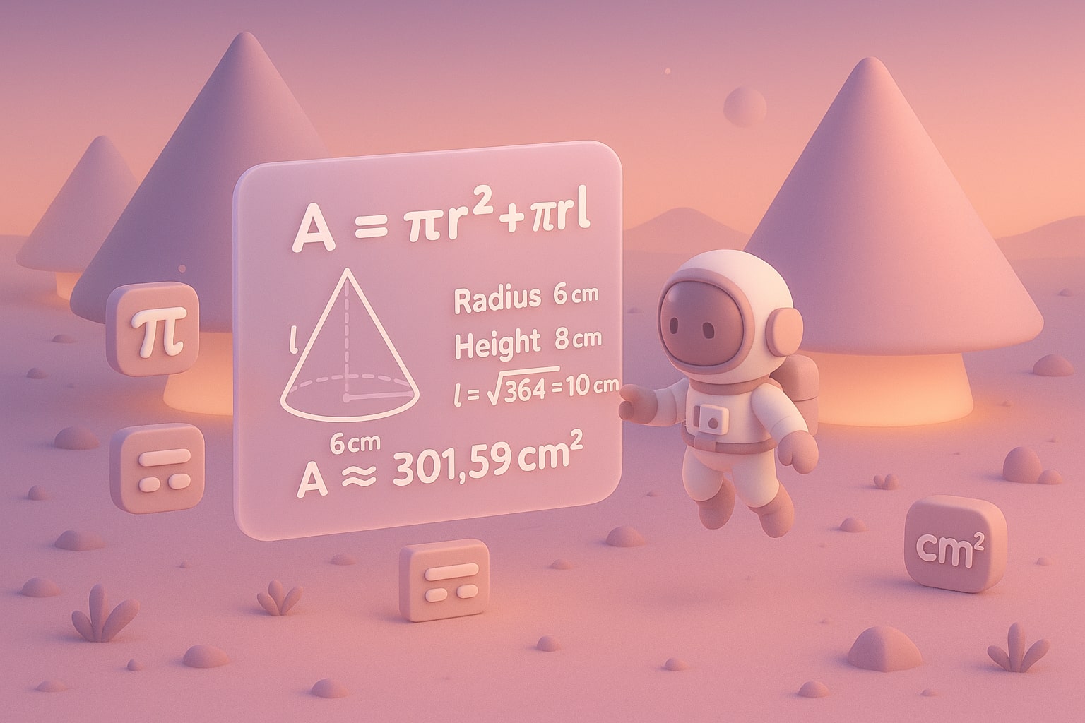 ภาพประกอบการทำงานของเครื่องมือคำนวณพื้นที่ผิวทรงกรวยด้วยช่องกรอกข้อมูลและผลลัพธ์ทันที เพื่อช่วยแก้ปัญหาได้ง่าย