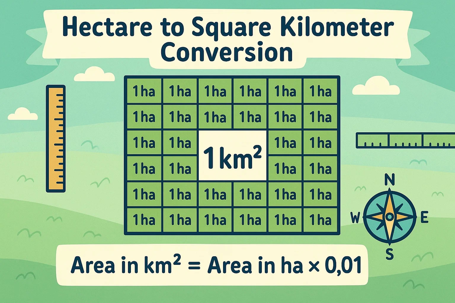 เครื่องมือแปลงเฮกตาร์เป็นตารางกิโลเมตร